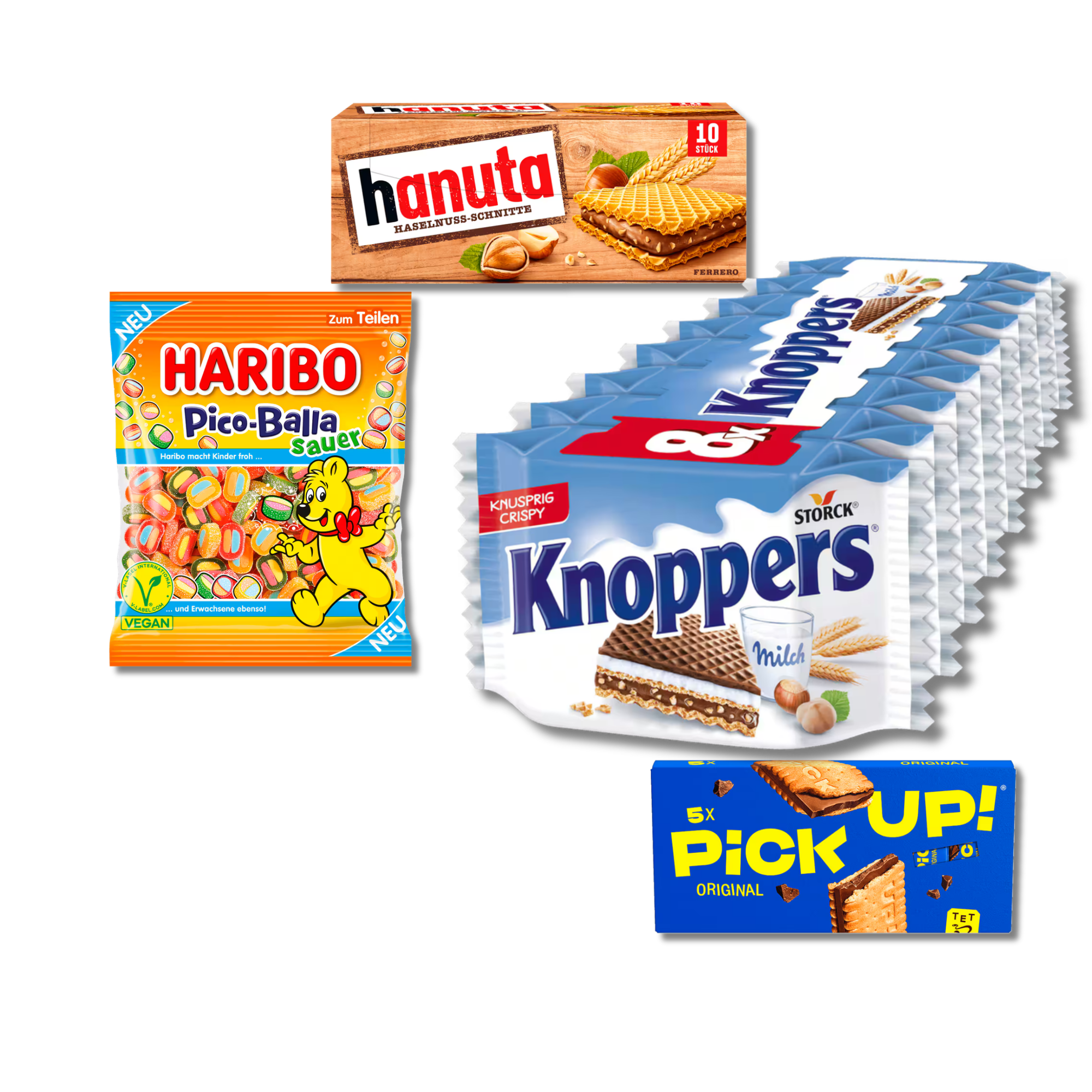 German snack box bundle with hanuta, Knoppers, Haribo Pico-Balla and PiCK UP! biscuits
