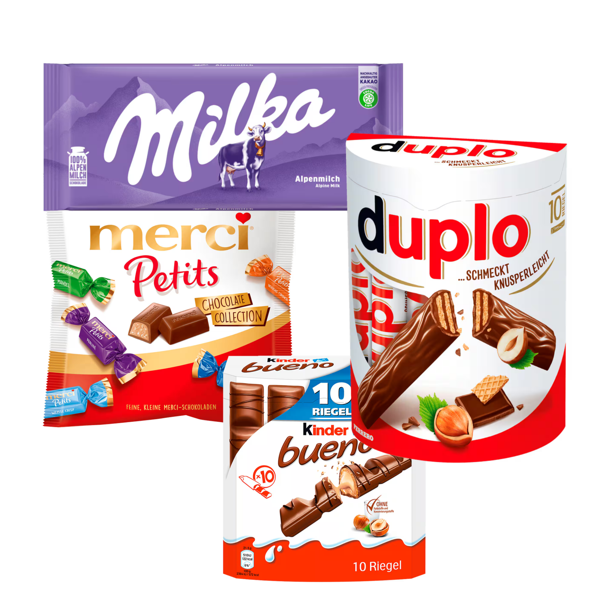 Best of German candy bundle with Milka, merci Petits, Duplo and Kinder Bueno